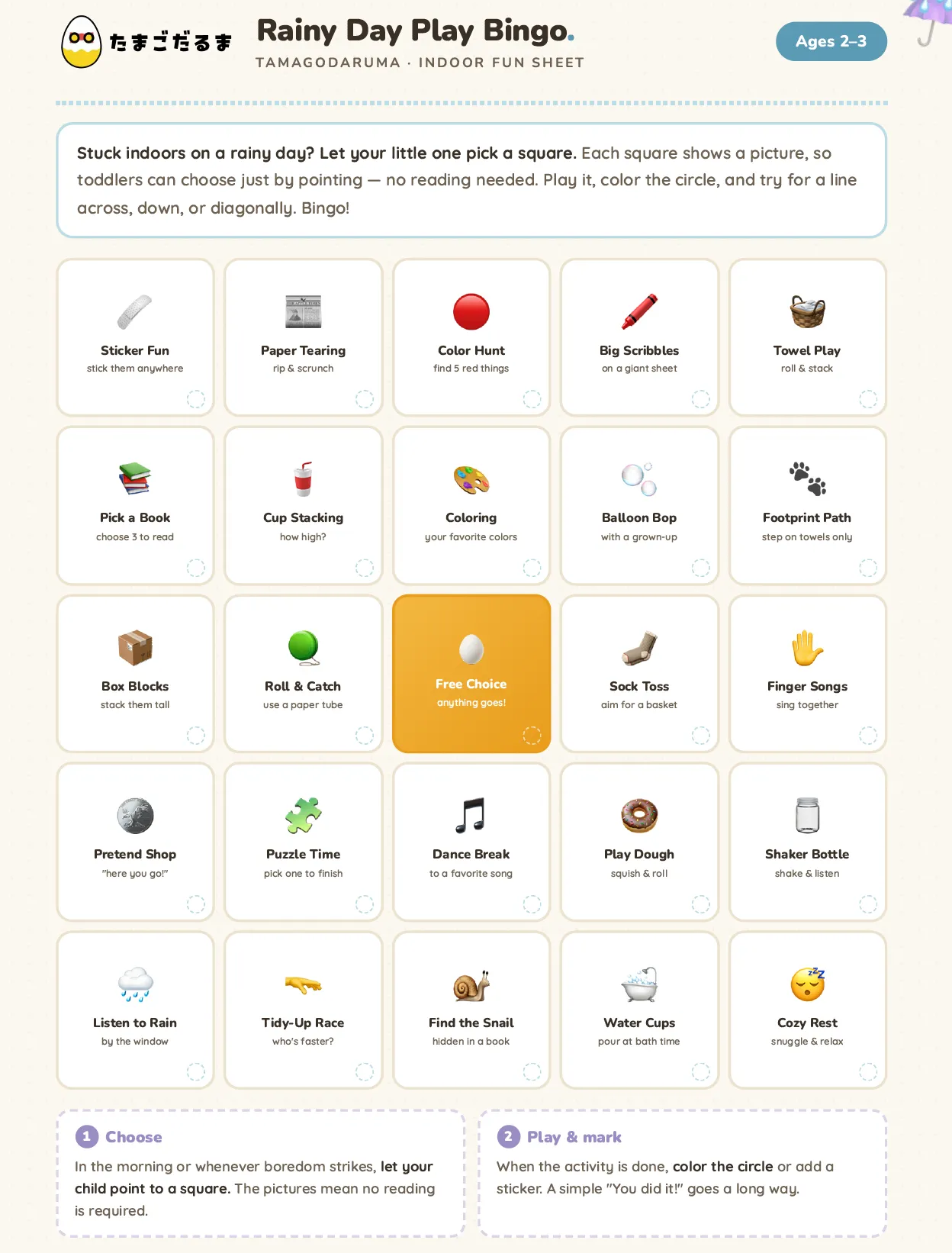 Rainy-Day Indoor Play Bingo Sheet